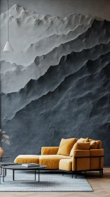 Golden sofa rests beneath sculpted charcoal mountain walls.