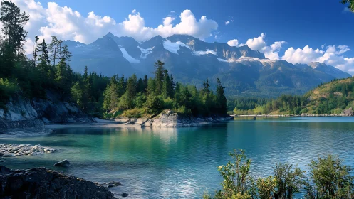 Alpine glacial lake with pine forest and snowcapped massif