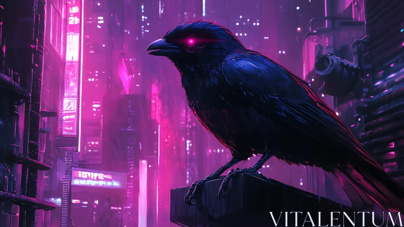 Cybernetic raven studies neon megacity from elevated perch