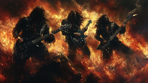 Inferno stage storm: metal guitarists shredding through fire.