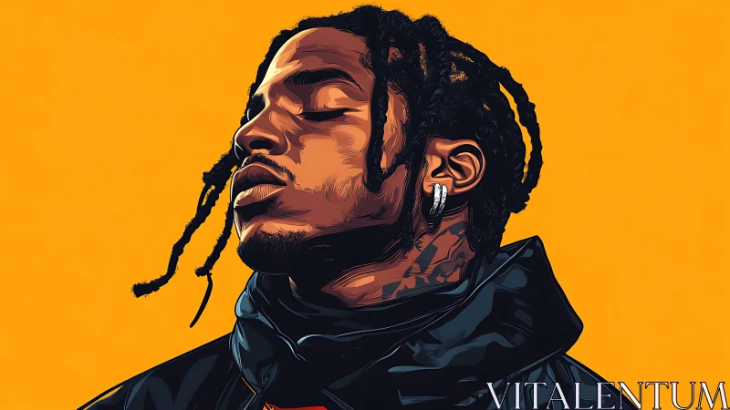 Bold portrait of braided dreamer in electric golden silence.