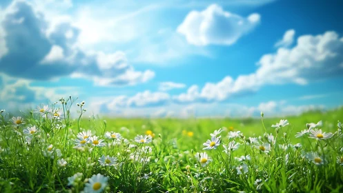 Pastoral macro meadow with daisies under expansive sky horizon.