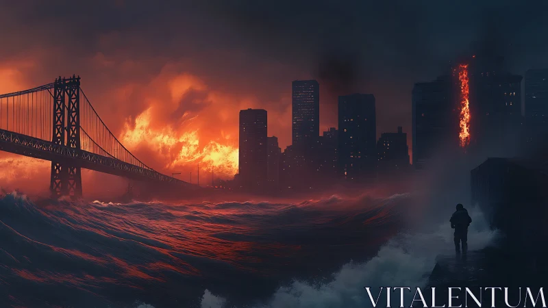 Lone watcher on a drowned skyline swallowing firestorm seas.