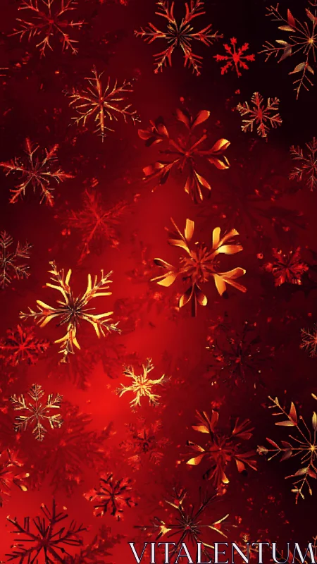 Golden snowflakes drifting across deep crimson glow.