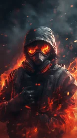 Hooded fire warrior stands amid swirling embers and smoke