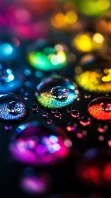 Glowing rainbow droplets in vivid macro abstraction on black.