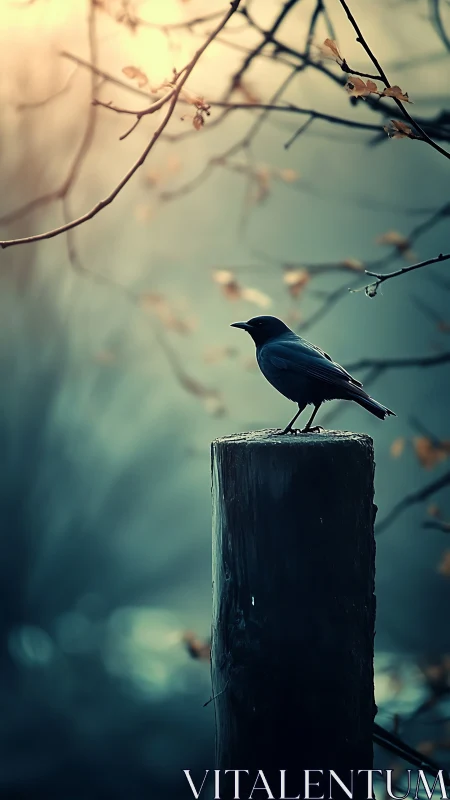 Small bird is perched on a solitary wooden post outdoors
