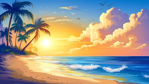 Luminous vector coastline with palm silhouettes at sunset horizon.