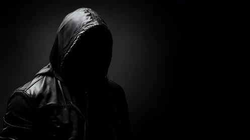 Hooded figure in black jacket against dark background.