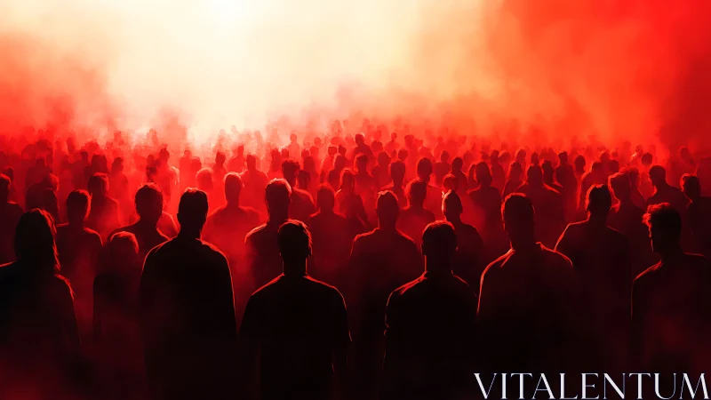 Backlit human crowd silhouettes dissolve into dense red atmospheric haze
