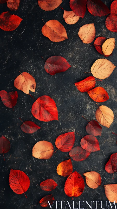 Crimson autumn leaves scatter across dark textured slate