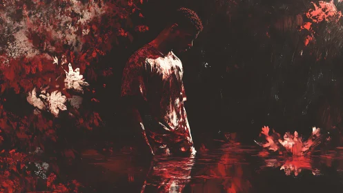 Solitary figure immersed in crimson abstract woodland reflections.