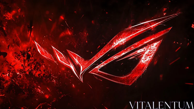 Red metallic emblem is rendered with sharp angular contours