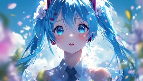Blue-haired anime girl in spring light with soft bokeh petals