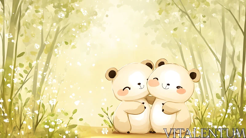 Sunny forest cuddle with two shy, smiling bear friends.