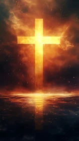 Radiant golden cross glowing above a quiet celestial sea.
