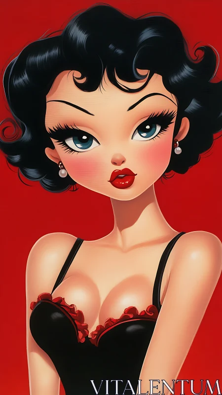 Stylized pin-up woman in black dress on red background.