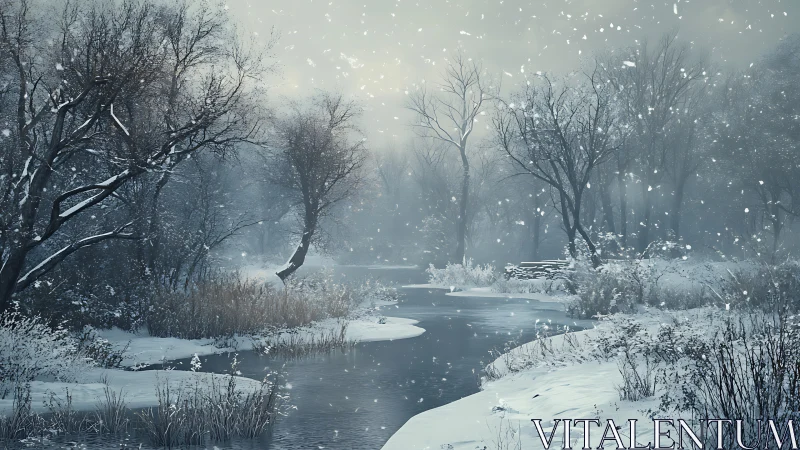Snowy river bends through silent winter forest clearing