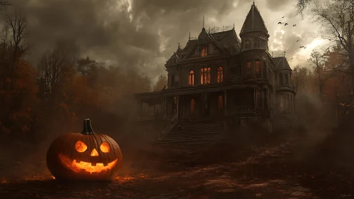 Jack-o-lantern guards eerie Victorian haunted mansion at dusk.