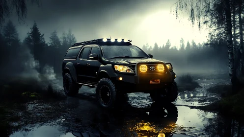 Midnight trail truck prowling through a haunted forest bog.