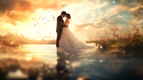 Wedding Kiss by Golden Water. Romantic couple moment.