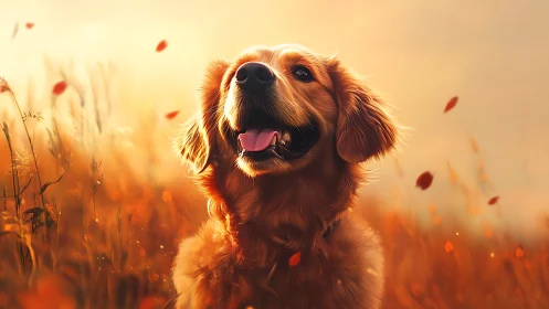 Golden retriever in warm sunset field with falling leaves.