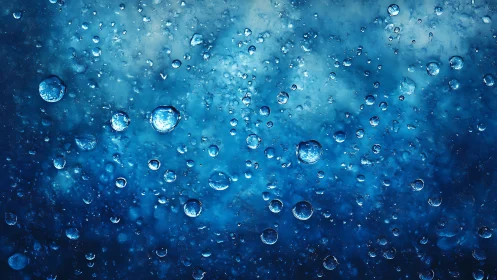 Macro water droplets over deep blue abstract backdrop.