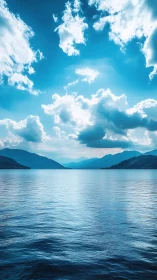 Clouded sky extends above calm mountain lake surface