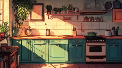 Sunlit cozy kitchen with teal cabinets and growing herbs.