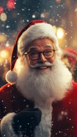Snowlit Santa chuckles under golden city starlight.