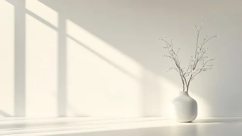 White ceramic vase with bare branches in directional light.