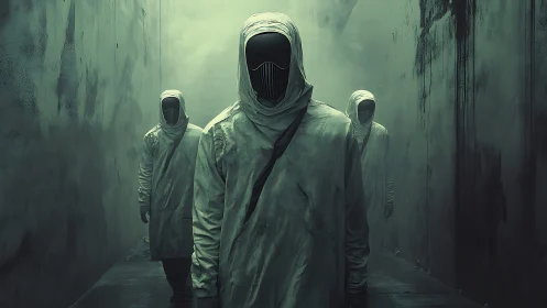 Hooded masked figures walking through dark misty alley.