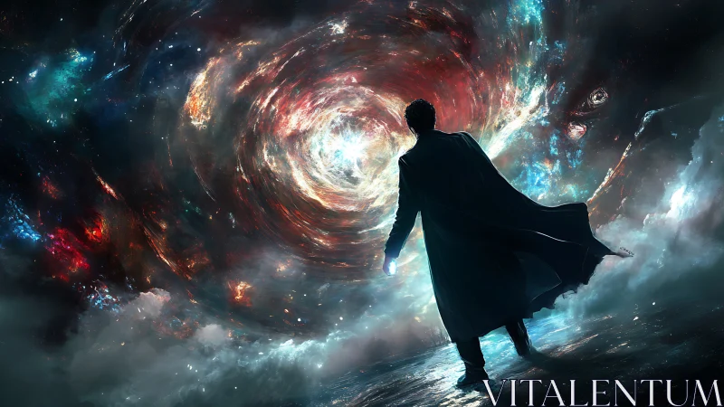 Solitary figure facing swirling cosmic vortex in space.