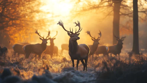 Antlered monarchs glow in frost-tipped golden forest dawn.