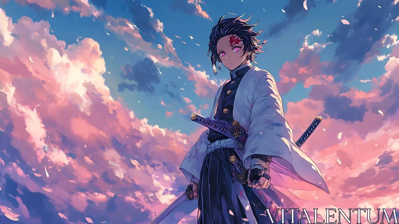 Calm anime swordsman standing beneath glowing sunset sky.