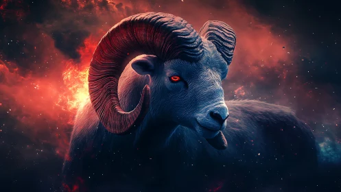 Astrophysical ram portrait with infernal emissive lighting.
