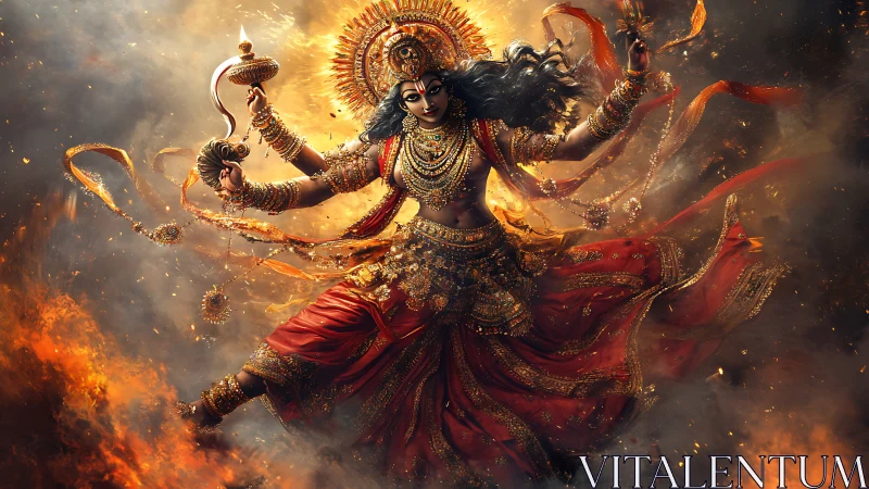Multi-armed goddess figure rendered amid dynamic fiery clouds