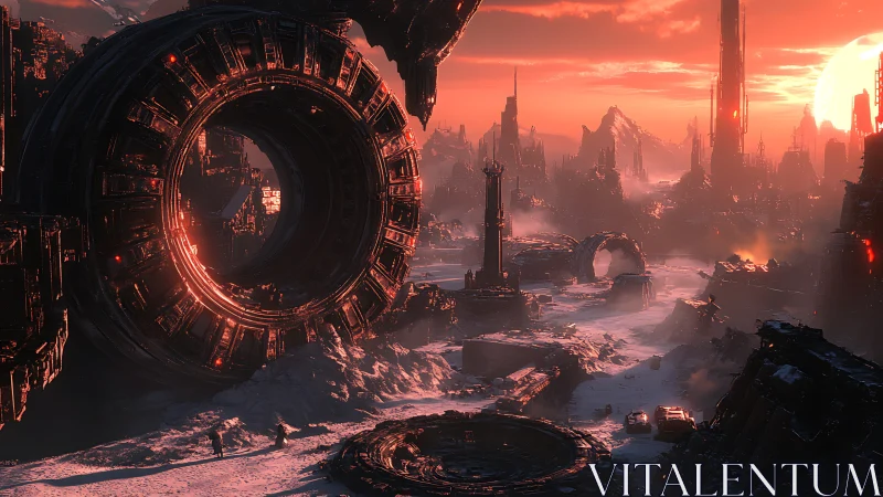 Colossal ring structures dominate frozen sci fi ruin at sunset