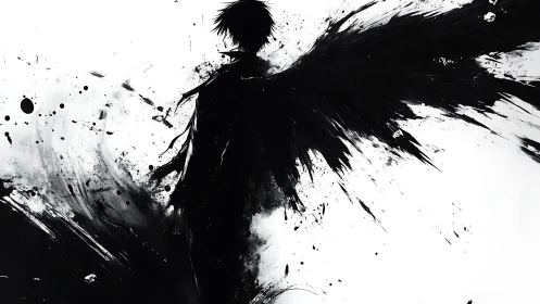 Silhouetted winged figure rendered in high contrast ink splatter
