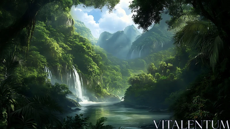 Emerald valley with cascading waterfall beneath limestone peaks.