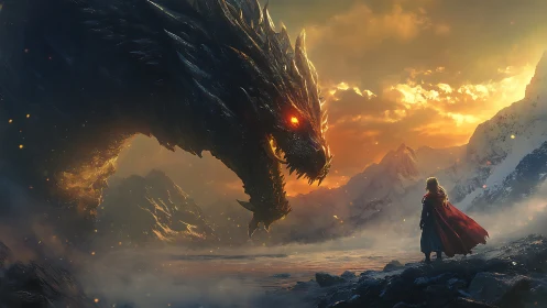 Dragon confronting cloaked figure in snowy mountain valley.