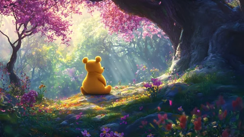 Honey-colored bear dreaming under flowering forest arches.