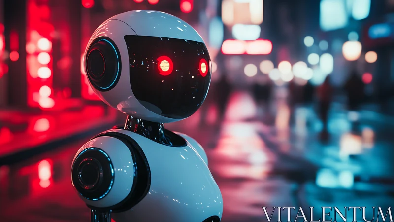 Sleek service robot under neon city lights at night.