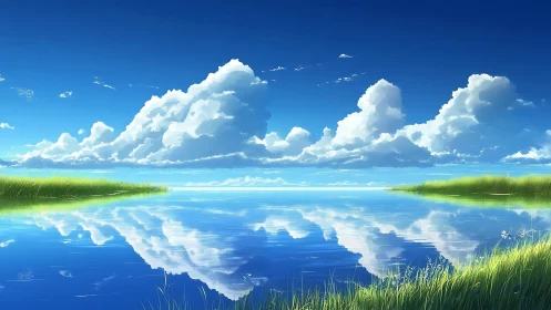 Serene blue lake mirrors towering clouds in endless calm