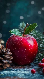Red apple with holly leaves and snow-dusted pine in shallow focus
