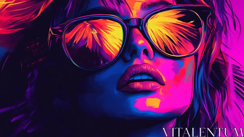 Neon portrait shows woman in reflective sunglasses, blazing color.