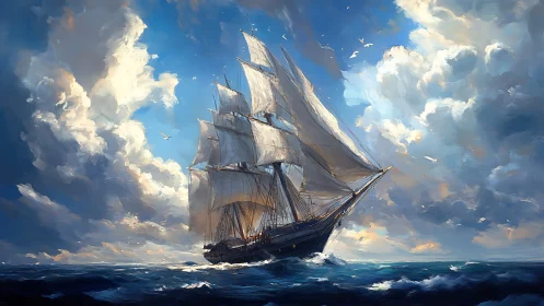 Tall ship cuts stormlit sea under towering cloud masses.