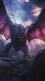 Starlit abyss dragon unfurls burning wings over shattered earth.