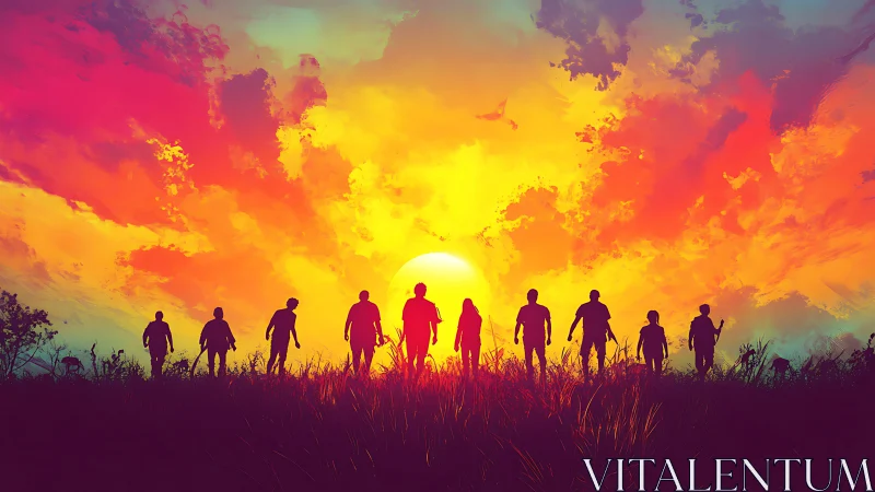 Silhouetted group walks toward a blazing, hopeful sunset sky