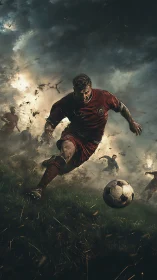 Central soccer player striking ball on turbulent grass field.